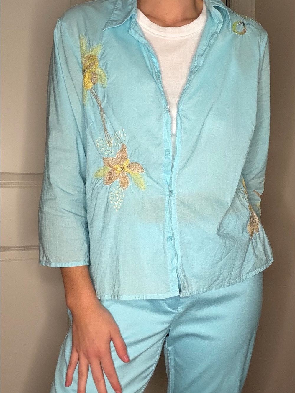 Y2K Vibe Floral Embroidered Beaded Cotton Light Blue Set
